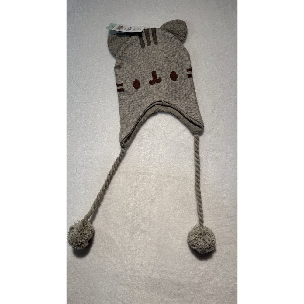 NWT Pusheen The Cat Grey Knit Earflap Beanie Hat Pompom Braids 3D Ears Animal